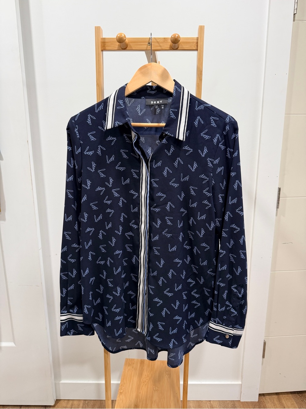 DKNY Navy Logo Print Sheer Blouse